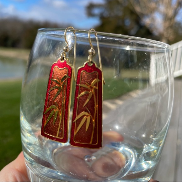 Isle of Skye vintage cloisonné red palm earrings - Picture 3 of 4